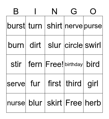 ir, er, ur Bingo Card