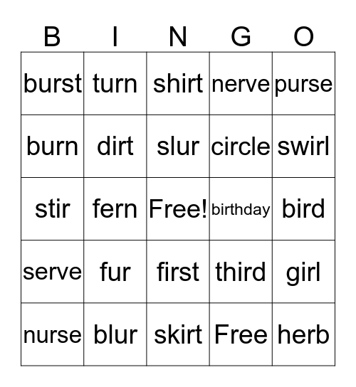 ir, er, ur Bingo Card