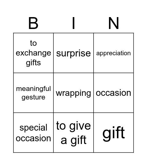 Gift Giving Bingo Card