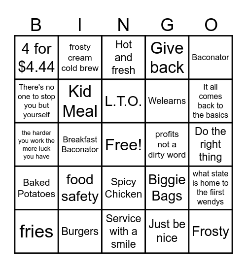 wendys bingo Card