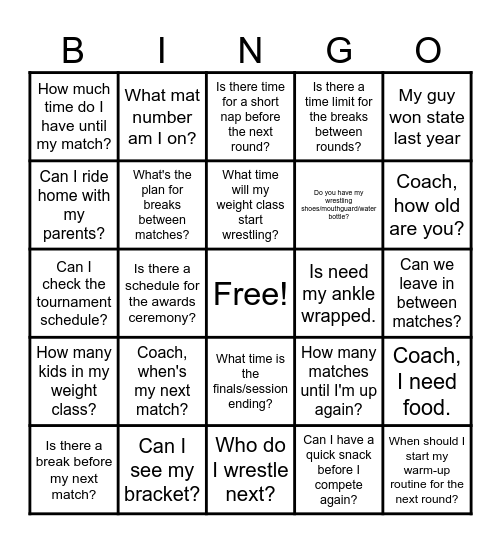 Things High School Wrestlers Say Bingo Card