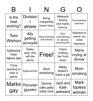 Family Party Bingo Card