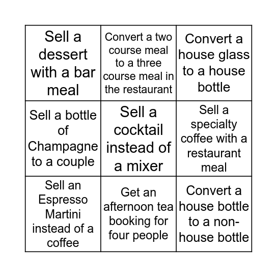Tracy Park Front of House Sales  Bingo Card