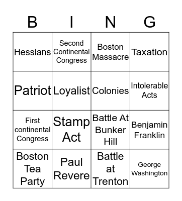 Revolutionary War Bingo  Bingo Card