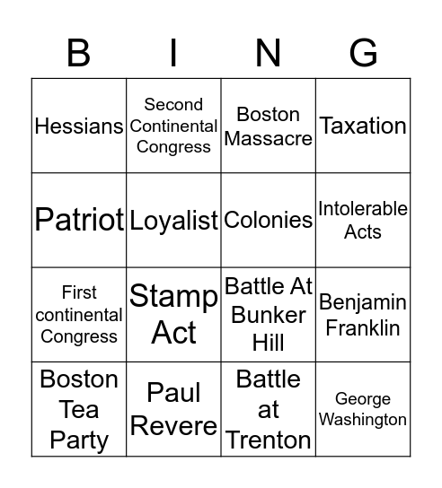 Revolutionary War Bingo  Bingo Card