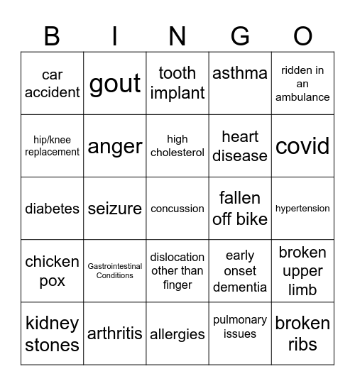 health problems bingo Card