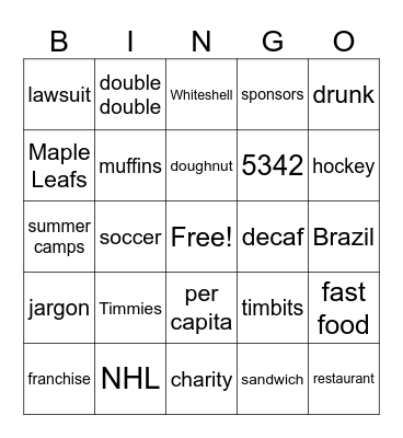 Tim Hortons Bingo Card