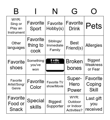 Introducing Me Bingo Card