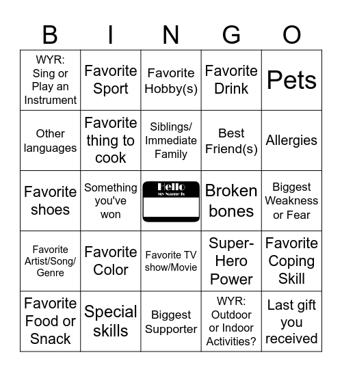 Introducing Me Bingo Card