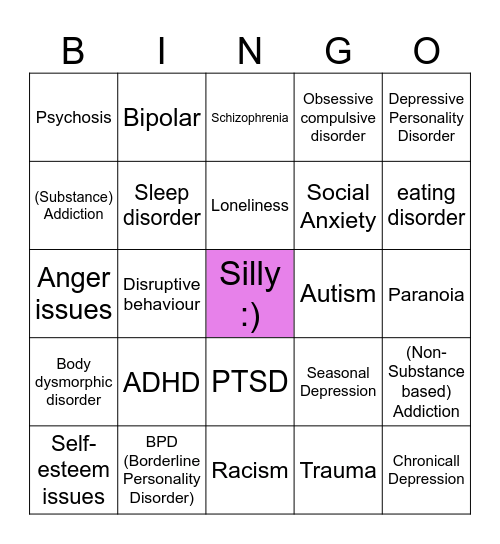 Mental Illness Bingo Card