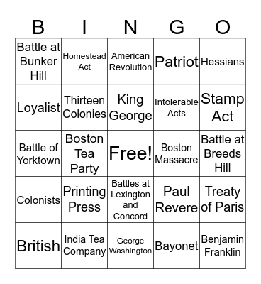 Revolutionary War Bingo Card