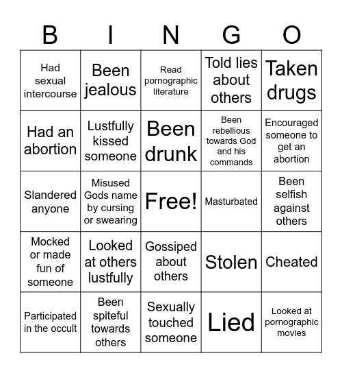 Sin bingo Card