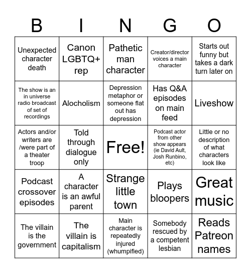 Audio Drama Bingo Card