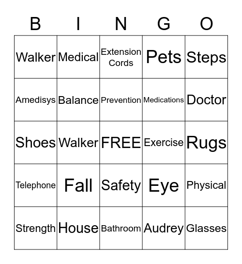Amedisys Fall Prevention Bingo Card