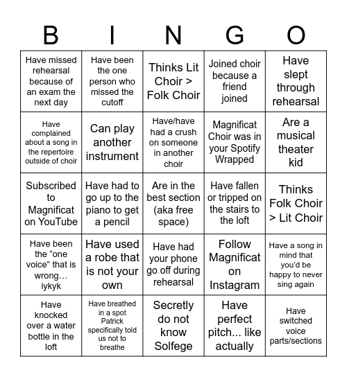 Magnificat Choir Bingo Card