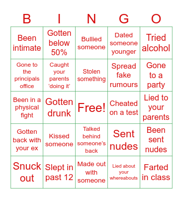 Never have I ever Bingo Card