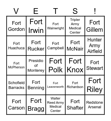 U.S. Army Bases Bingo Card