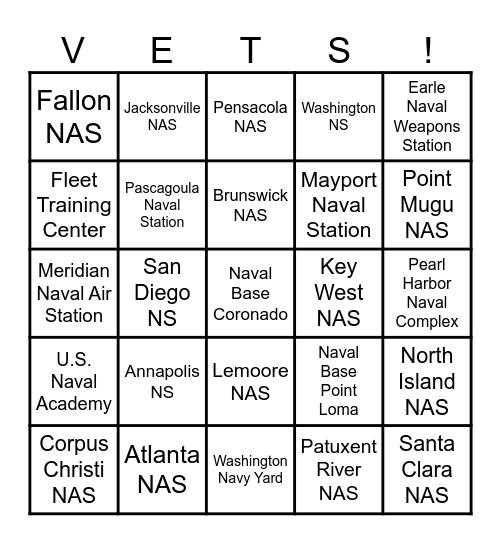 U.S. Navy Bases Bingo Card