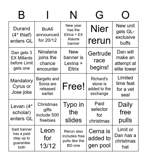 December Tavern Talk Bingo Card