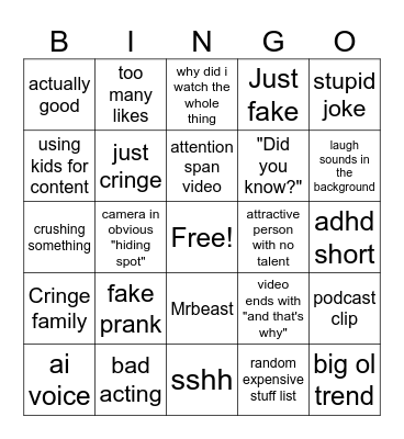 youtube shorts Bingo Card