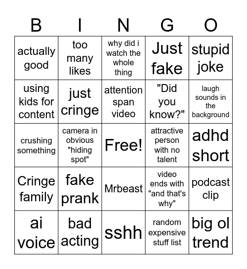 youtube shorts Bingo Card