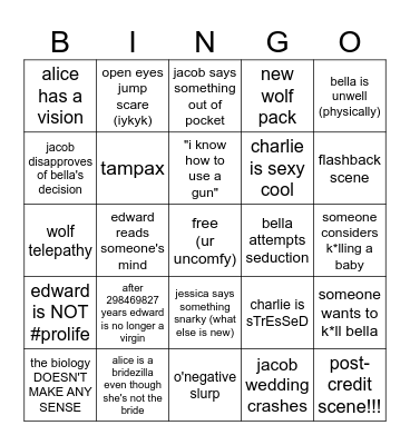 Breaking Dawn Part 1 Bingo Card