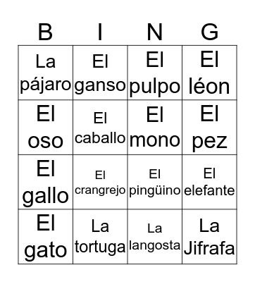 Los Animakes Bingo Card
