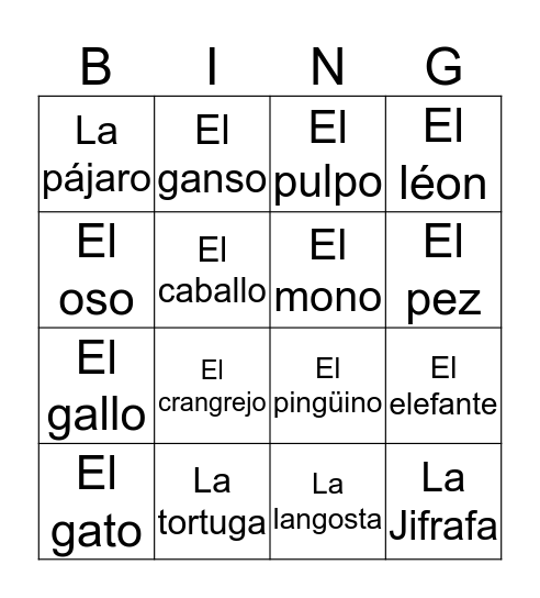 Los Animakes Bingo Card