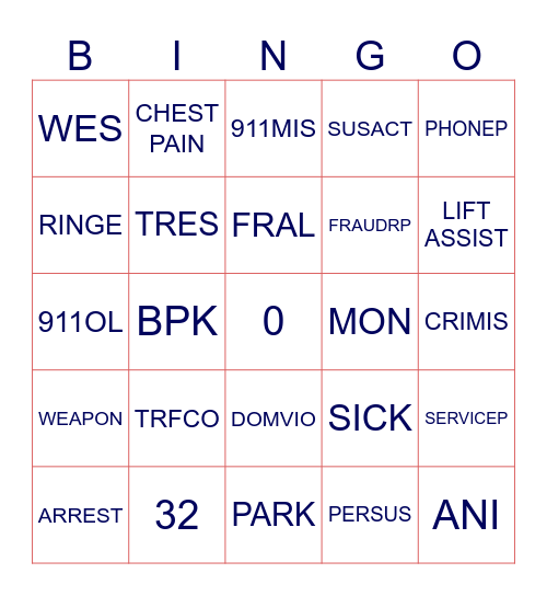 9 - 1 - 1 Bingo Card