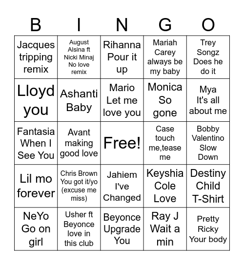 R&B Music Bingo Card