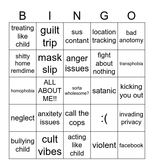 Bad Parent Bingo Card