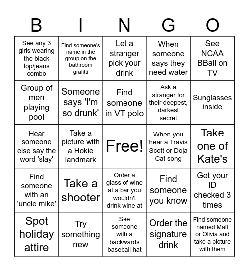 Bar Bingo Crawl Bingo Card