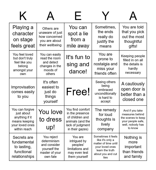 KAEYA RELATABILITY BINGO Card