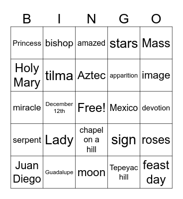 Our Lady of Guadalupe Bingo Card