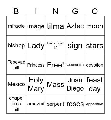 Our Lady of Guadalupe Bingo Card