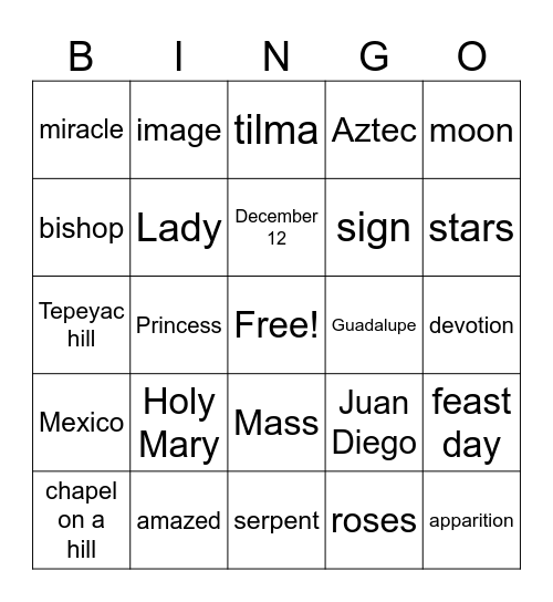 Our Lady of Guadalupe Bingo Card
