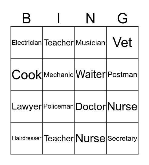 Occupations Bingo Card