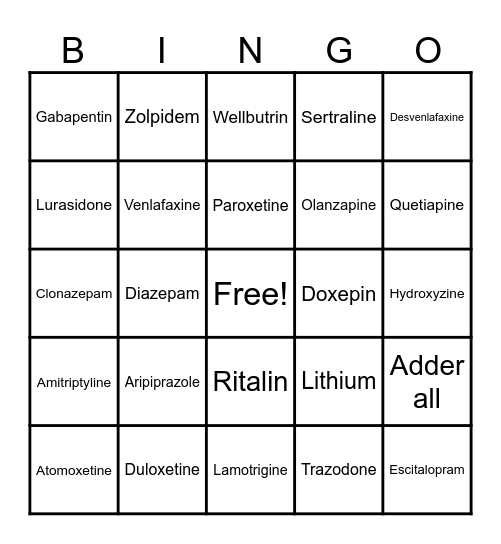 psychotropic drug bingo Card