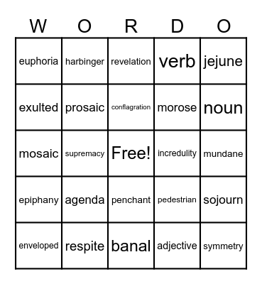 Harbinger Vocabulary Bingo Card