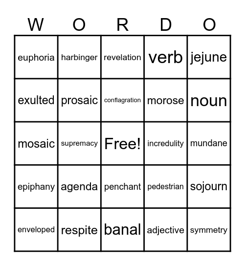 Harbinger Vocabulary Bingo Card