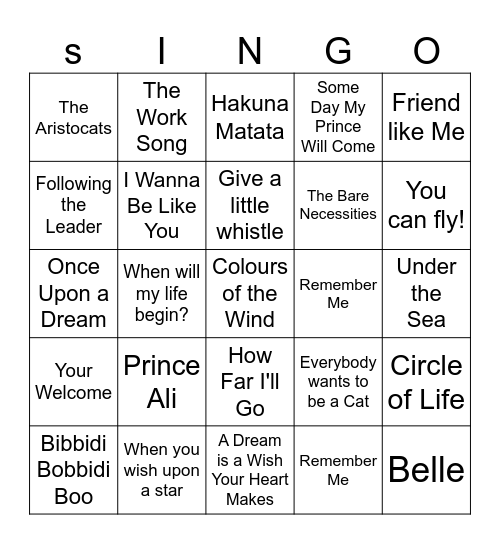 Disney Bingo Card