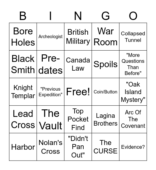 Oak Island Bingo Card