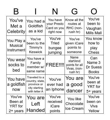 YRT Customer Service Bingo Card