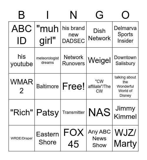 Weatherman Bingo Card