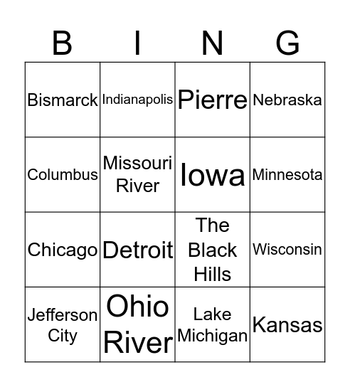 Midwest States/Capitals Bingo Card