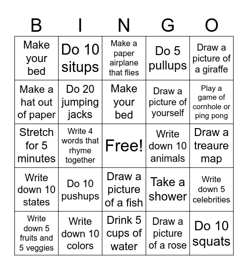 Boredom Bingo Card