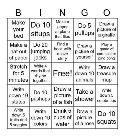 Boredom Bingo Card