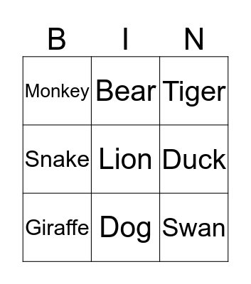 Animals Bingo Card