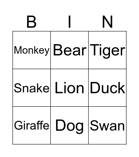 Animals Bingo Card