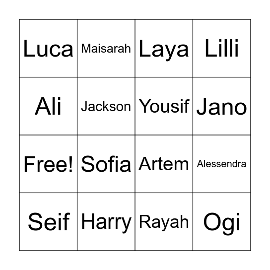 Class 7.2 Bingo Card